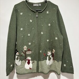 Croft & Barrow Cardigan Sweater 1x Green‎ Wool Angora Blend Full Zip Snowmen